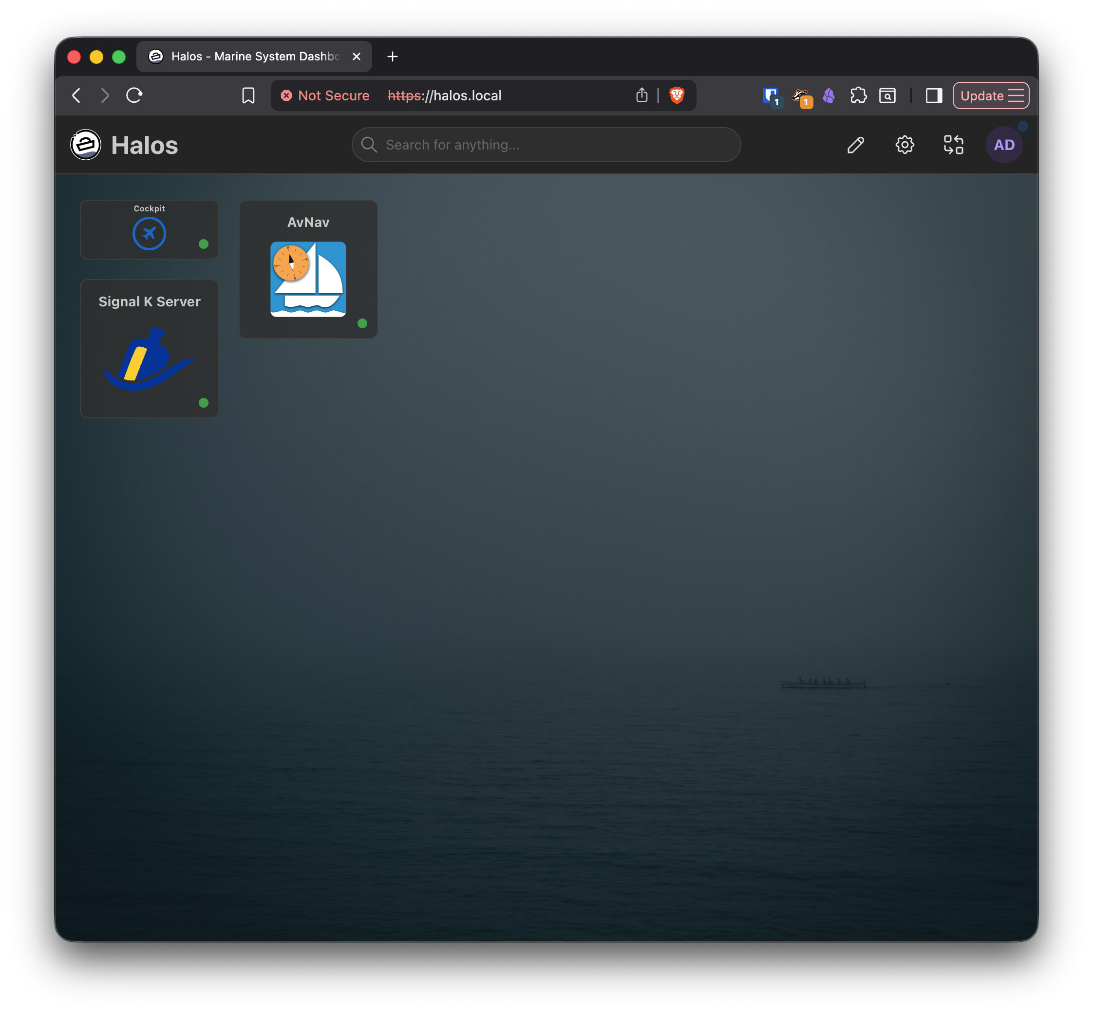 Halos landing page showing Cockpit, Signal K Server, and AvNav apps